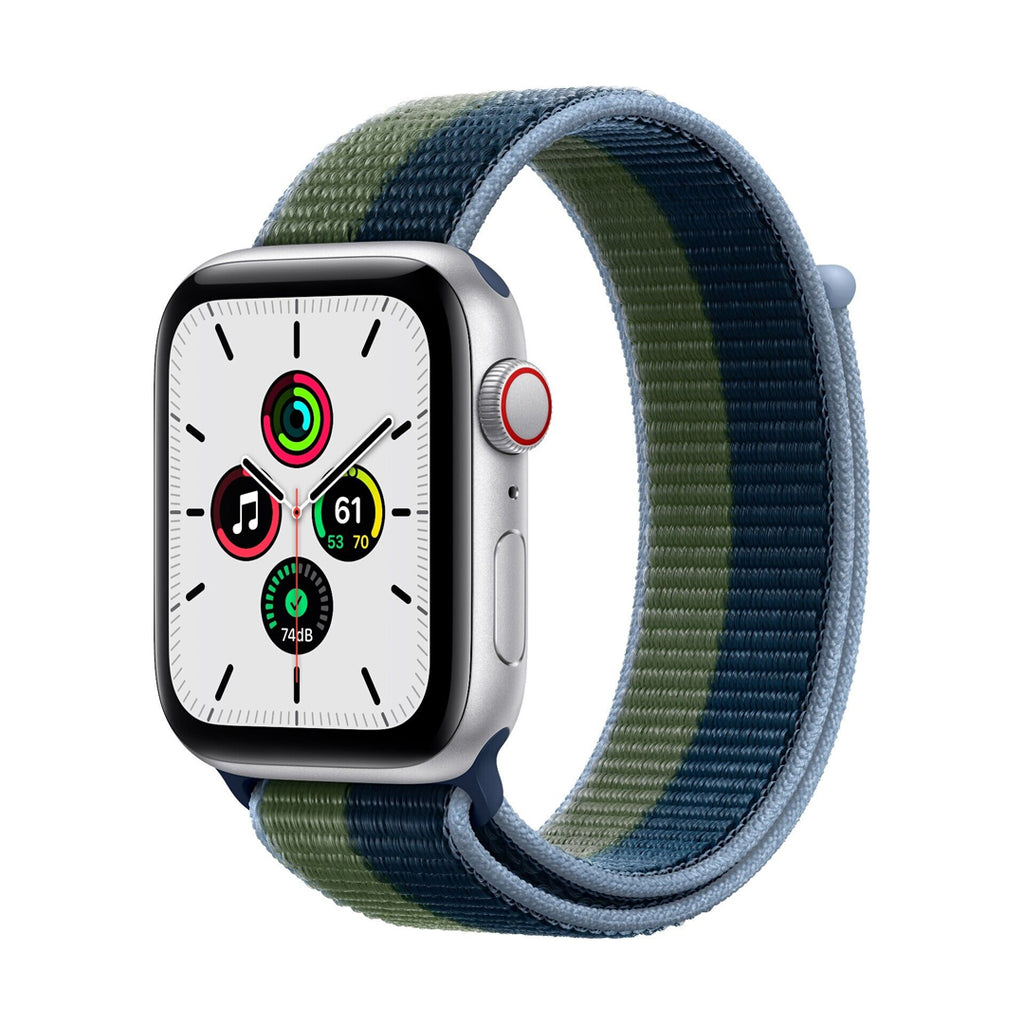 NEW Apple Watch SE GPS + 4G Cellular 44mm Silver with Abyss Blue/Moss Sport  Loop