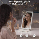 Rechargeable Travel Makeup Mirror with Lights, Portable Lighted Vanity Mirror with 10X Magnifying Mirror, 72 LED Lights, 1000mAh Battery, 3 Color Modes, Touch Dimmable Mirror for Desk & Travel